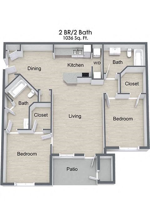 Floor plan for 2 beds, 2 baths, 1036 sqft